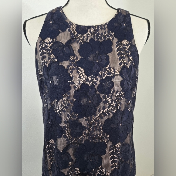Eliza J Floral Lined Dark Navy Blue Dress High Low Lace Prairie Event, size 10P - Picture 2 of 6